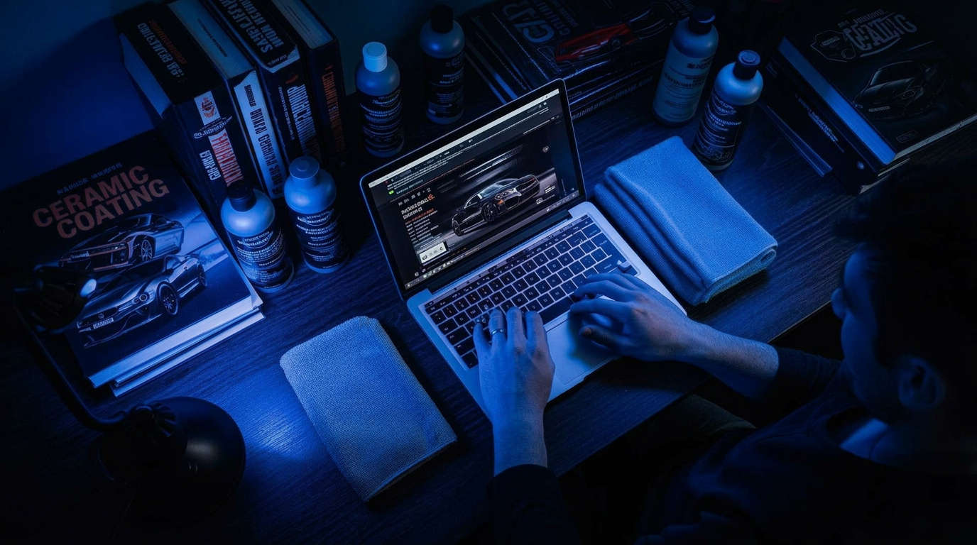 Detailer's notebook on a workbench under shop lights