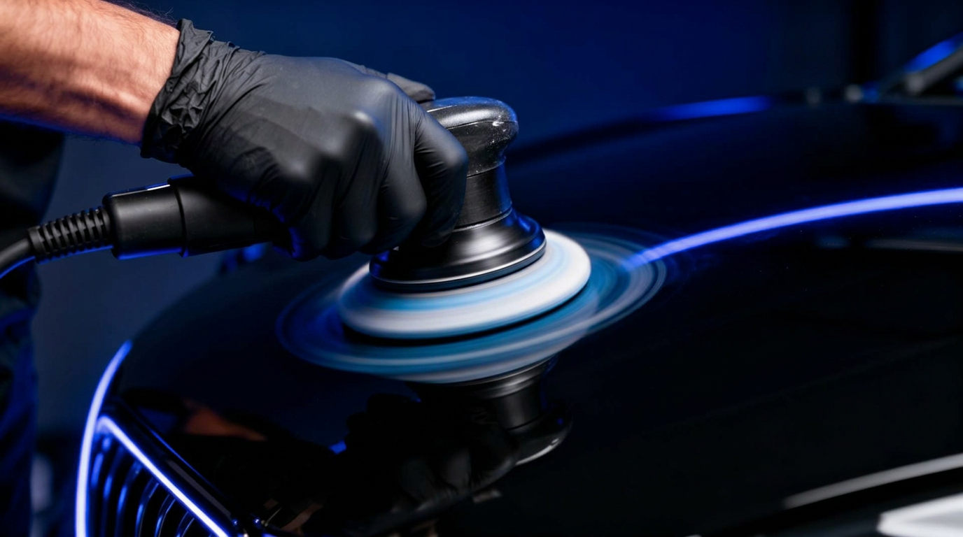 Black coupe with deep red ceramic gloss being inspected